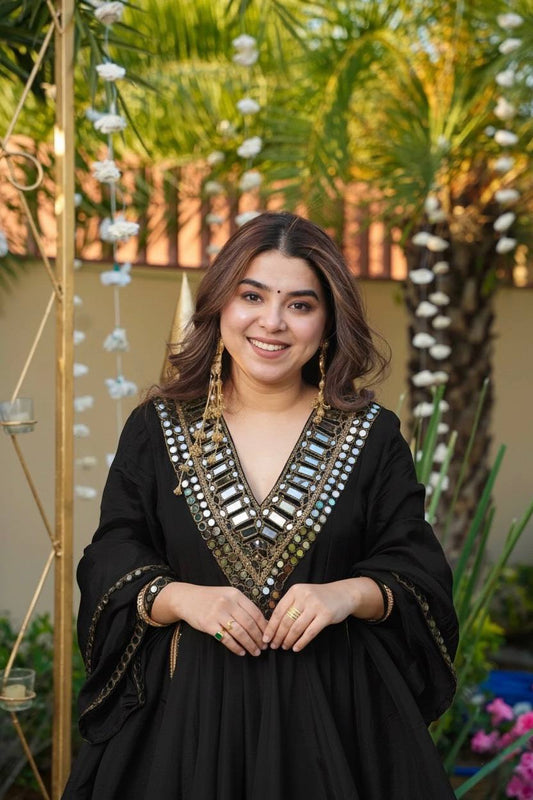 Ebony Black Georgette Sharara Set with Intricate Mirror-Work Embroidery