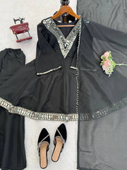 Ebony Black Georgette Sharara Set with Intricate Mirror-Work Embroidery