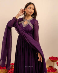 Purple Georgette Anarkali Gown with Trousers and Sequin Dupatta