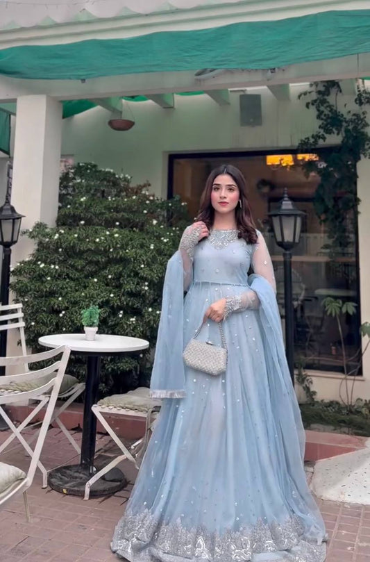 Sky Blue Georgette Gown Set - Designer 3-Piece Festive Wear