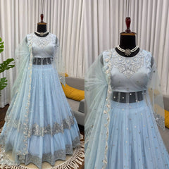 Sky Blue Georgette Gown Set - Designer 3-Piece Festive Wear