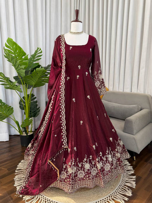 Burgundy Festive Anarkali Suit Set - Designer Wedding Wear Gown
