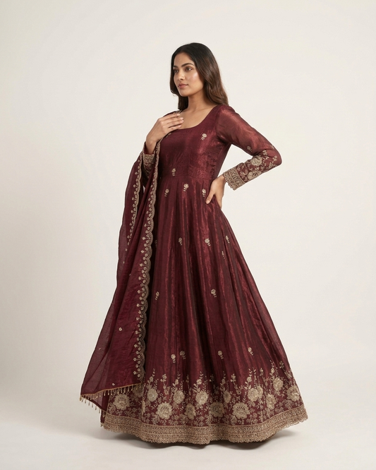 Burgundy Festive Anarkali Suit Set - Designer Wedding Wear Gown