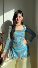 Teal Blue Embroidered Kurti with Lemon Yellow Sharara & Mirror Work Dupatta