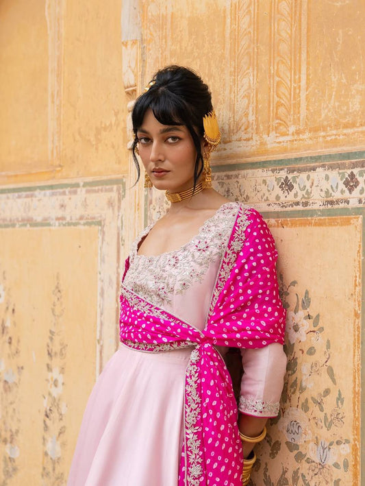 Blush Pink Embroidered Anarkali Gown with Hot Pink Bandhani Dupatta