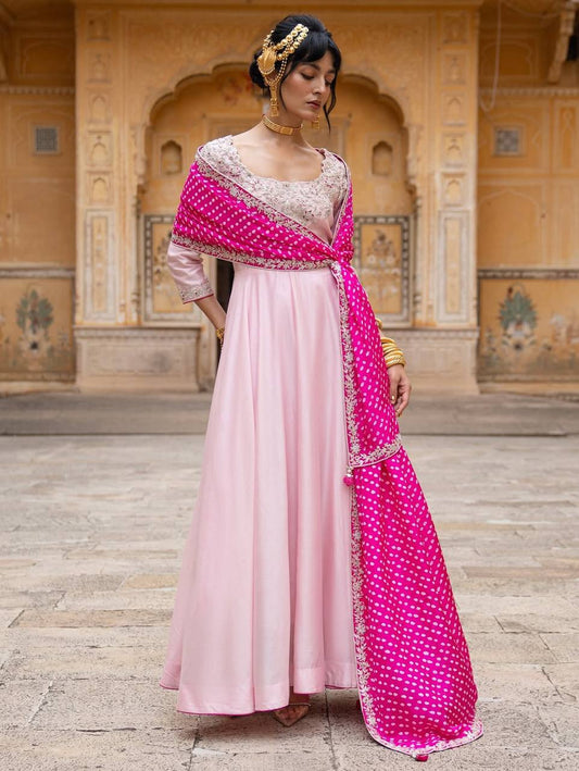 Blush Pink Embroidered Anarkali Gown with Hot Pink Bandhani Dupatta
