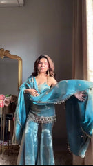 Teal Blue Spaghetti Strap Sharara Set with Mirror Work Fringe & Corset Back