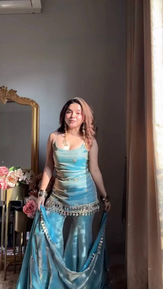 Teal Blue Spaghetti Strap Sharara Set with Mirror Work Fringe & Corset Back