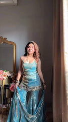 Teal Blue Spaghetti Strap Sharara Set with Mirror Work Fringe & Corset Back