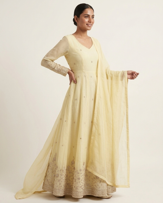 Elegant Cream Embroidered Anarkali Gown with Floral Zari Work & Matching Dupatta