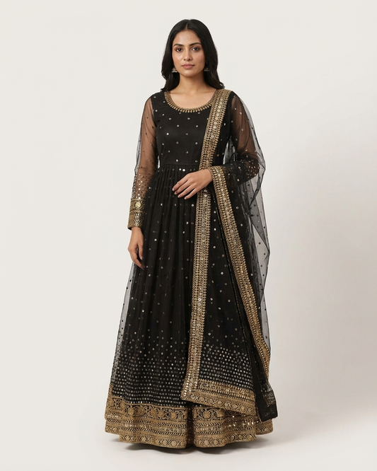 Elegant Black Sequinned Net Anarkali Gown with Heavy Gold Embroidery
