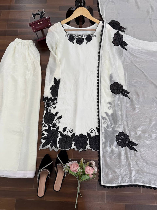 Elegant White Floral Embroidered Kurta Palazzo Set