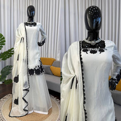 Elegant White Floral Embroidered Kurta Palazzo Set