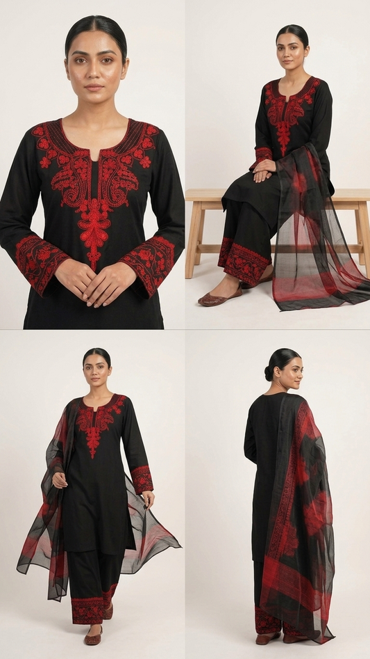 Elegant Black & Crimson Red Embroidered Salwar Kameez Set with Floral Organza Dupatta