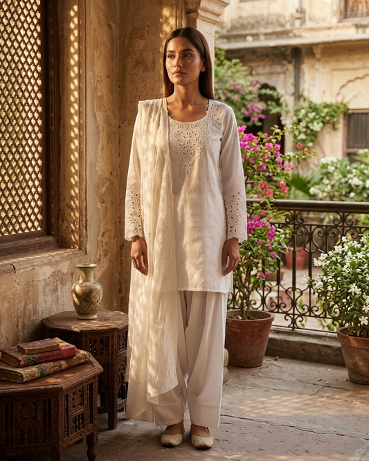 Elegant White Cutwork Embroidered Salwar Kameez - 3 Piece Chikankari Style Suit