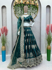 Royal Emerald Green Silk Lehenga with Intricate Gold Floral Embroidery