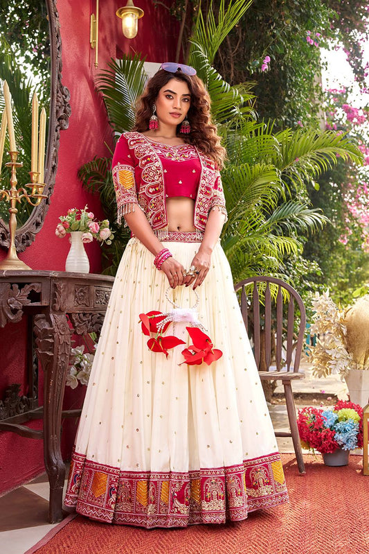 Cream and Rani Pink Embroidered Lehenga Choli with Matching Jacket