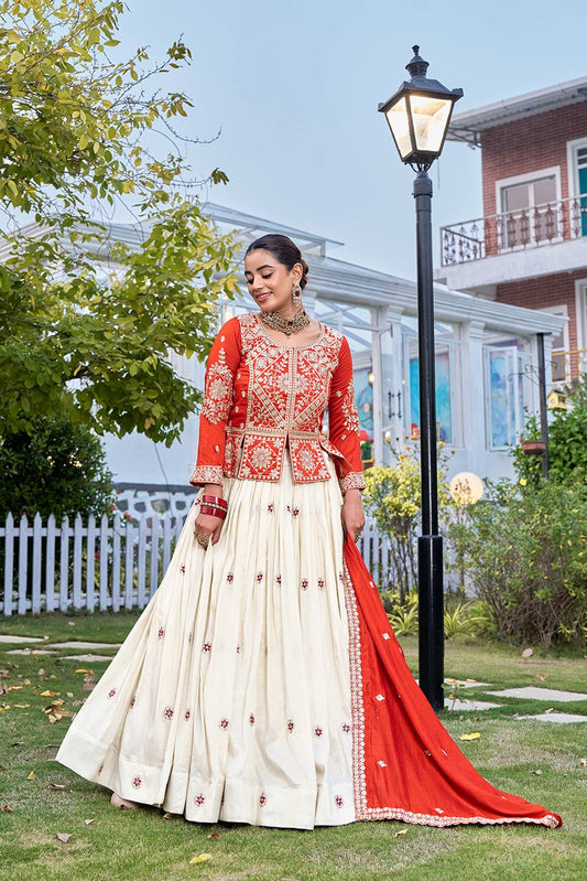 Off-White & Orange Silk Koti Style Embroidered Lehenga Choli