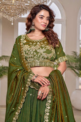 Olive Green Art Silk Embroidered Wedding Lehenga Choli