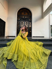 Lime Green Embroidered Net Anarkali with Sheer Overlay Jacket Set