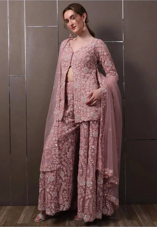 Mauve Rose Floral Embellished Jacket Sharara with Front Slit