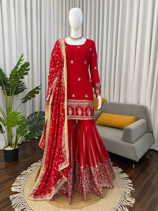 Ruby Red Georgette Sharara Suit with Heavy Silver Zari Embroidery & Jaal Work Dupatta