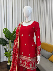 Ruby Red Georgette Sharara Suit with Heavy Silver Zari Embroidery & Jaal Work Dupatta