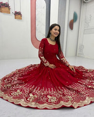 Hania Aamir Inspired Red Georgette Embroidered Anarkali Suite