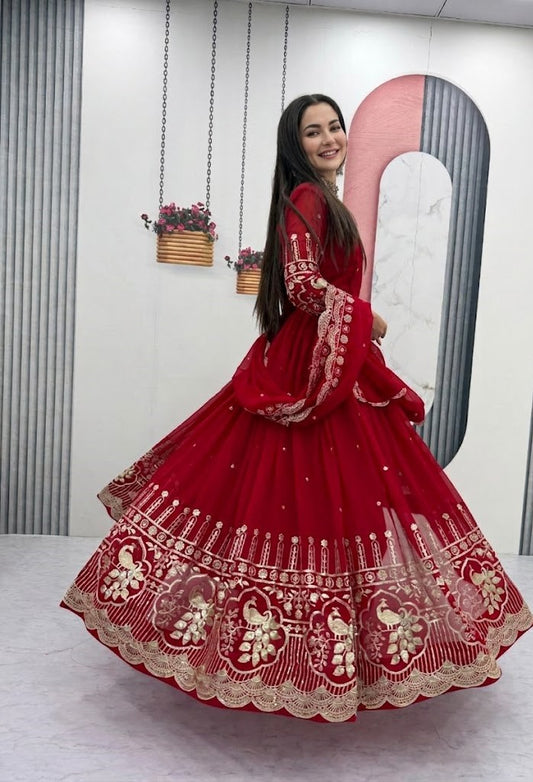Hania Aamir Inspired Red Georgette Embroidered Anarkali Suite