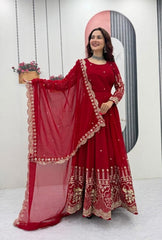 Hania Aamir Inspired Red Georgette Embroidered Anarkali Suite