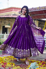 Royal Purple Sequin & Gota Patti Anarkali Suit with Sheer Dupatta