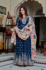 Teal Blue Faux Georgette Embroidered Anarkali Set