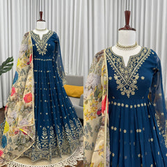 Teal Blue Faux Georgette Embroidered Anarkali Set