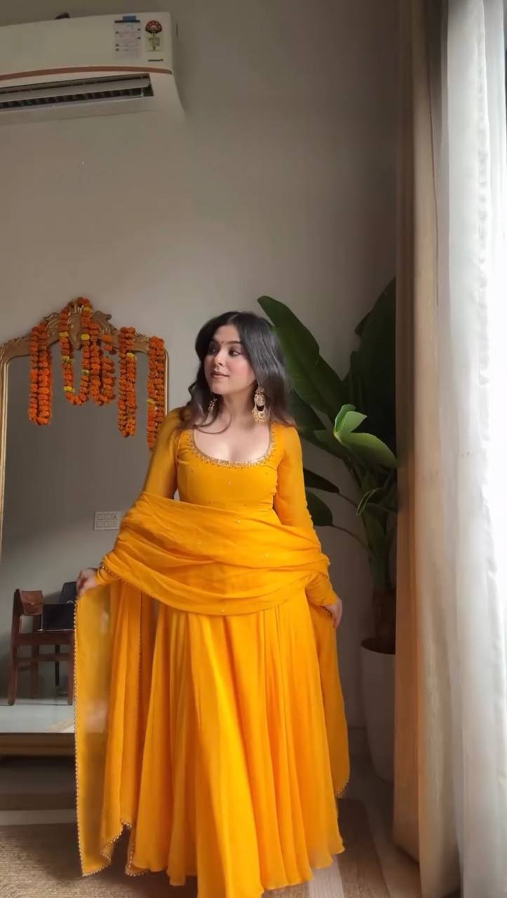 Mustard Yellow Georgette Anarkali Suit with Pearl Beaded Dupatta