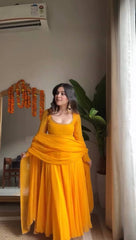 Mustard Yellow Georgette Anarkali Suit with Pearl Beaded Dupatta