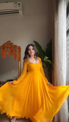 Mustard Yellow Georgette Anarkali Suit with Pearl Beaded Dupatta