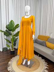 Mustard Yellow Georgette Anarkali Suit with Pearl Beaded Dupatta