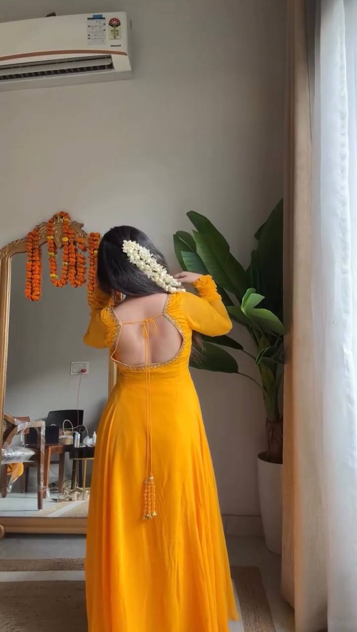 Mustard Yellow Georgette Anarkali Suit with Pearl Beaded Dupatta