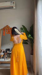Mustard Yellow Georgette Anarkali Suit with Pearl Beaded Dupatta