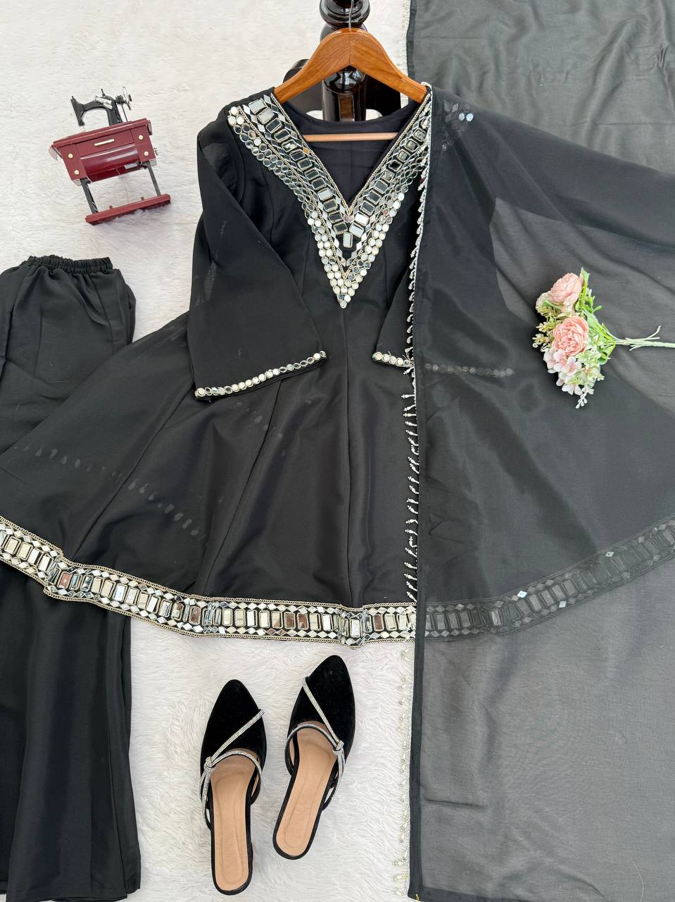 Ebony Black Georgette Sharara Set with Intricate Mirror-Work Embroidery