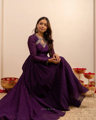 Purple Georgette Anarkali Gown with Trousers and Sequin Dupatta