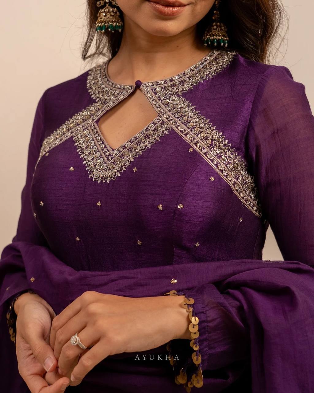 Purple Georgette Anarkali Gown with Trousers and Sequin Dupatta