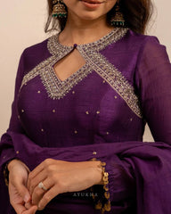 Purple Georgette Anarkali Gown with Trousers and Sequin Dupatta