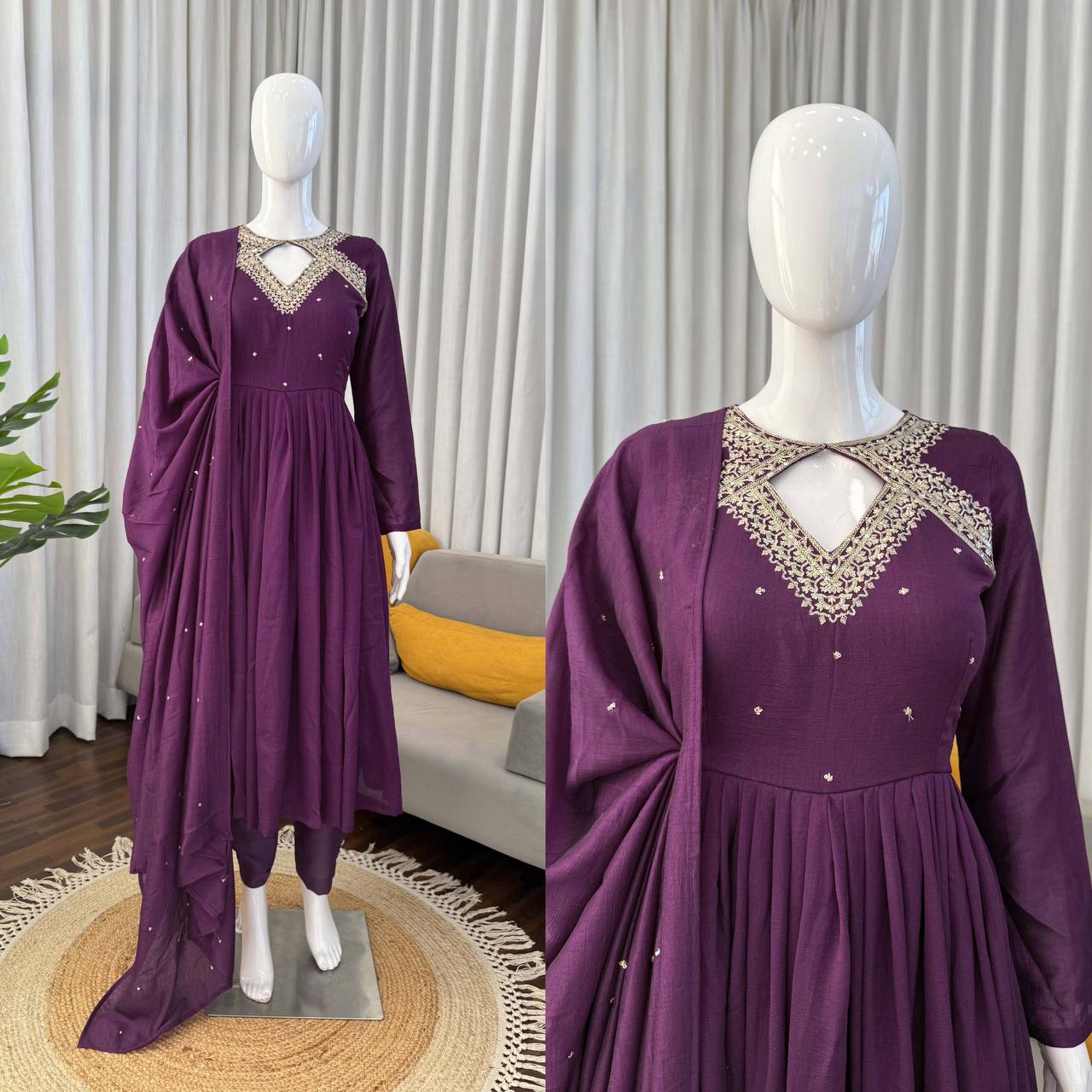 Purple Georgette Anarkali Gown with Trousers and Sequin Dupatta