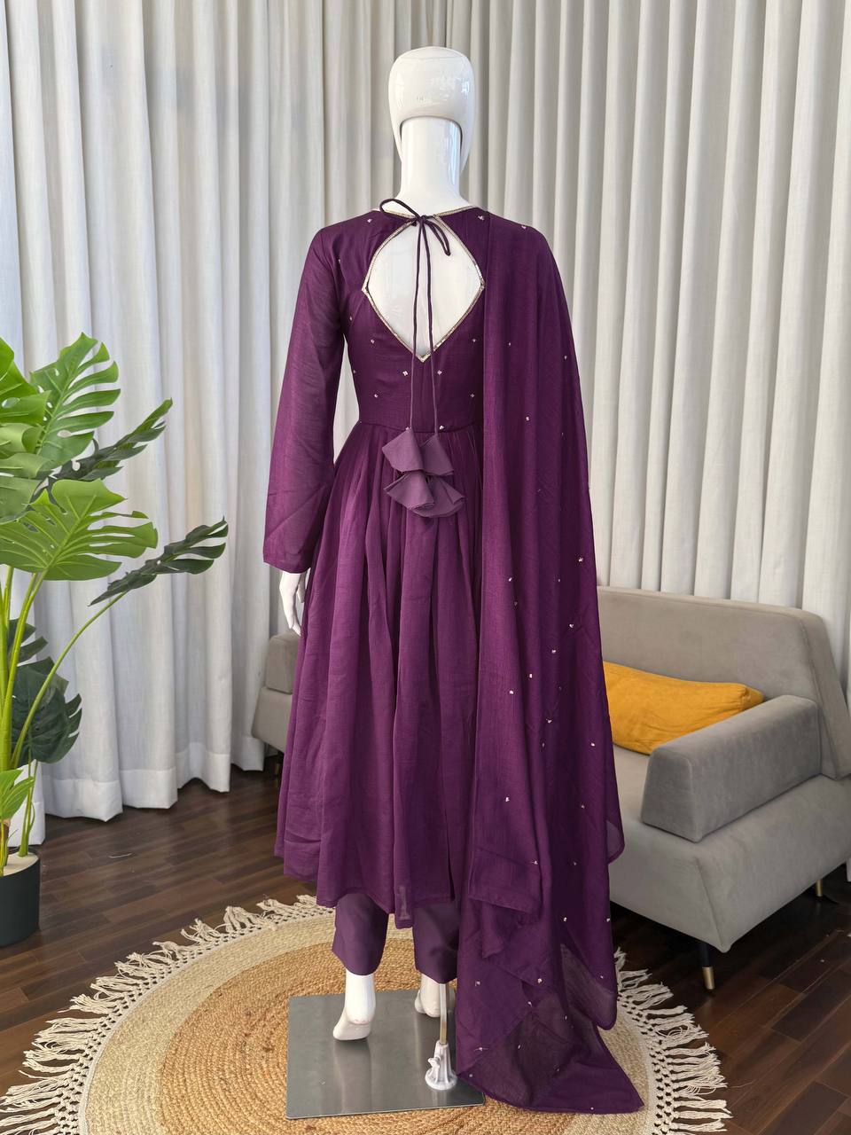 Purple Georgette Anarkali Gown with Trousers and Sequin Dupatta