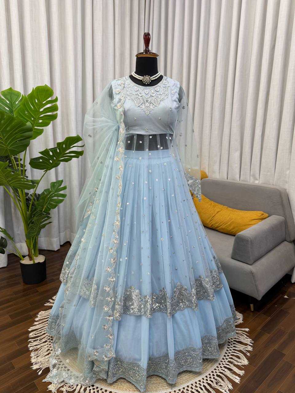 Sky Blue Georgette Gown Set - Designer 3-Piece Festive Wear