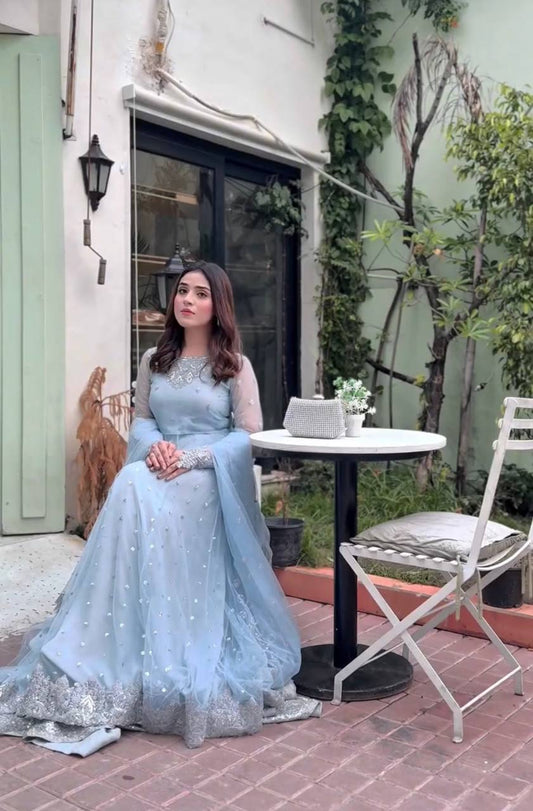 Sky Blue Georgette Gown Set - Designer 3-Piece Festive Wear