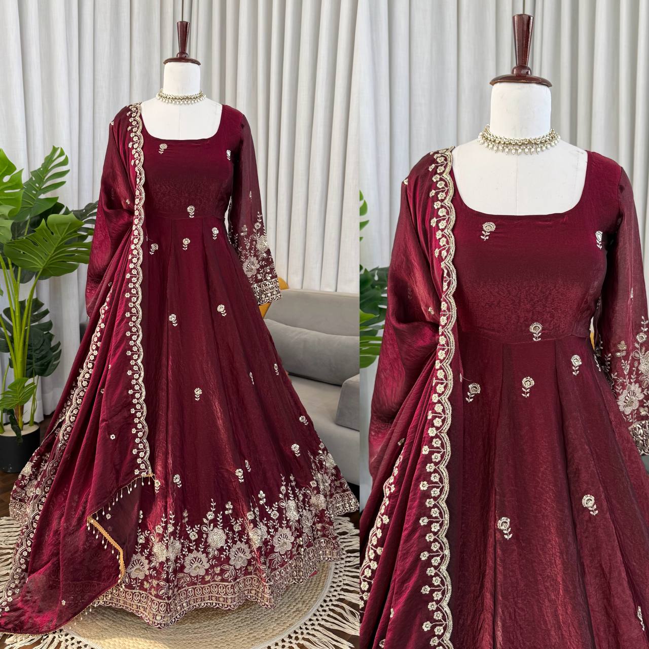 Burgundy Festive Anarkali Suit Set - Designer Wedding Wear Gown
