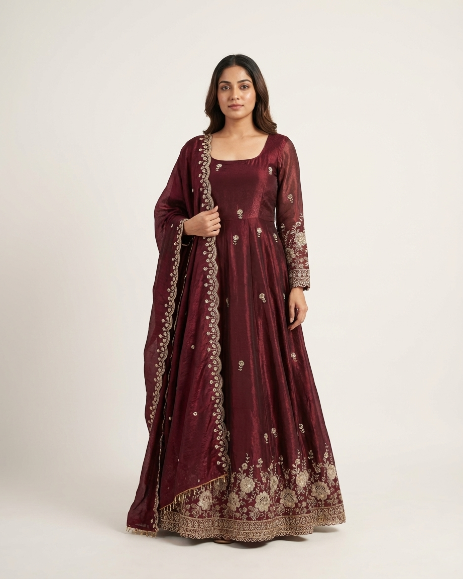 Burgundy Festive Anarkali Suit Set - Designer Wedding Wear Gown