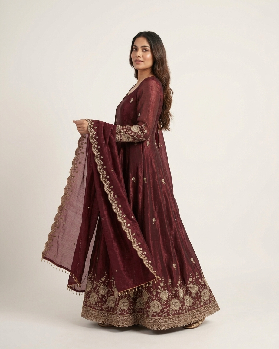 Burgundy Festive Anarkali Suit Set - Designer Wedding Wear Gown